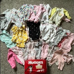 Premie baby girl clothes bundle and pack of Premie diapers